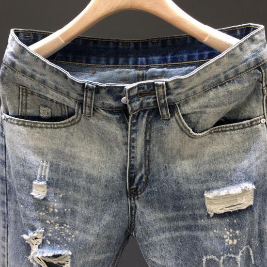 Holes Jeans Slim-fitting Cropped Zipper Closure Small-footed Mid Waist Daily Wear Breathable