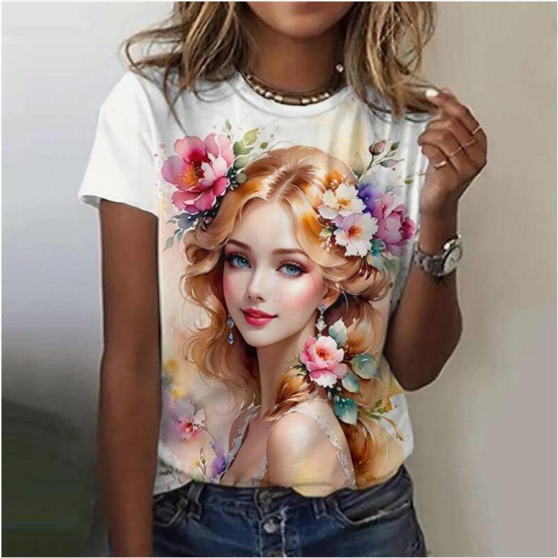 Summer T-shirt Ladies Abstract Art Portrait 3d Printing Fashion Casual Tops Contrast Color Design Women's Clothing
