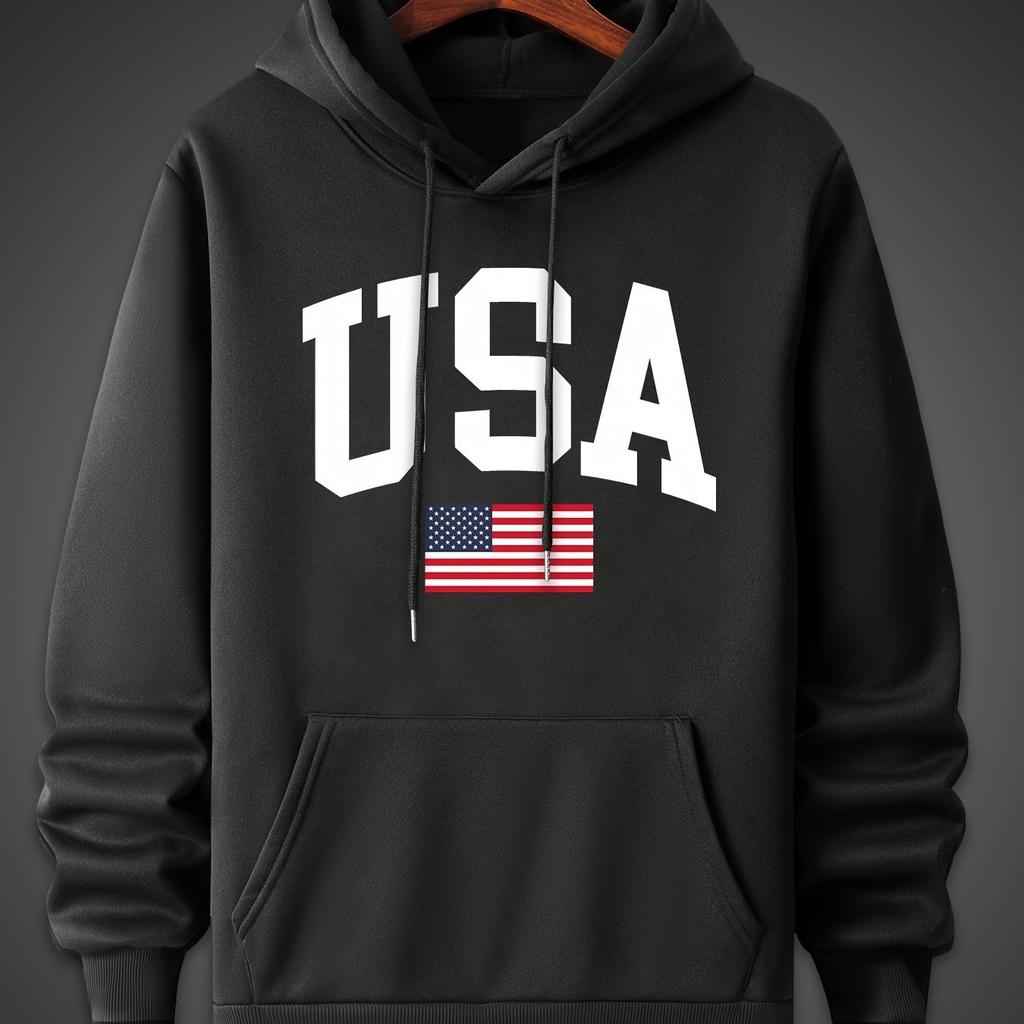 Men's autumn/winter hoodie, simple American flag print, comfortable hooded sweatshirt