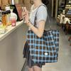Japanese Style Plaid Canvas Tote Bag Leisure Lattice Handbag Double Sided Shoulder Bag  Student