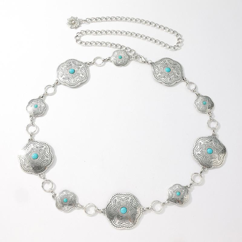 Turquoise Style Western Silver Metal Waist Chain With Carved Details Women For