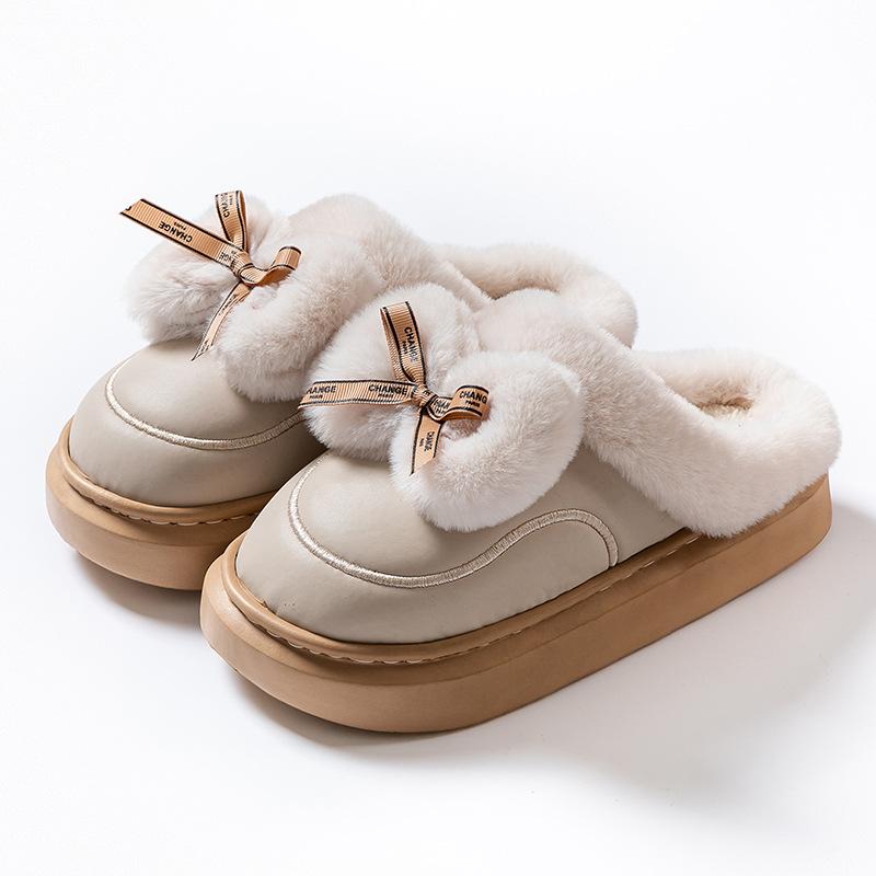 Urocze bawełniane wodoodporne kapcie z kokardką dla kobiet, jesienno-zimowe kapcie futerkowe dla par, ocieplane polarem, z pogrubioną podeszwą, ciepłe bawełniane kapcie