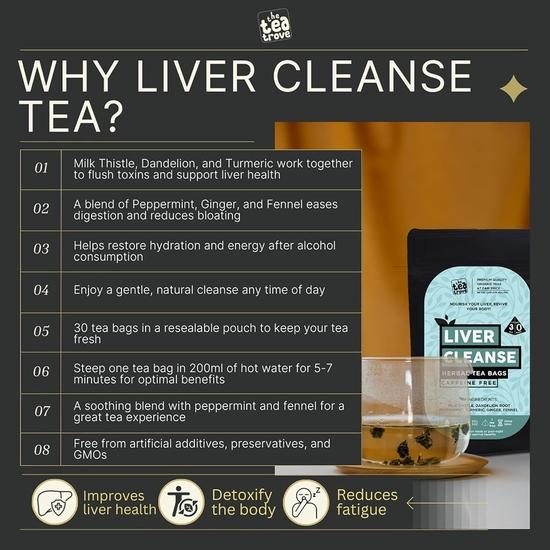 The Tea Trove Liver Cleanse Tea Bags (30 counts) – Fatty Liver Detox Herbal Tea blend of Milk Thistle& Turmeric - 60g