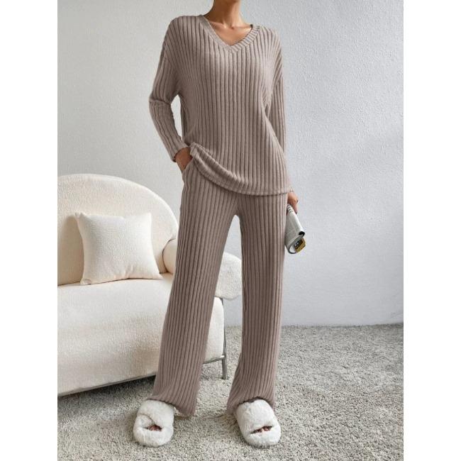 Spring Women Outfit Loose Knit Two Piece Set V Neck Top with Wide Leg Pants Casual Wear