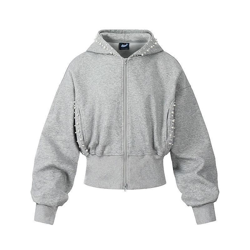 

Pearl Decorate Patchwork Design Hoodies Coat Original Elastic Waist Solid Color Casual Clothes M