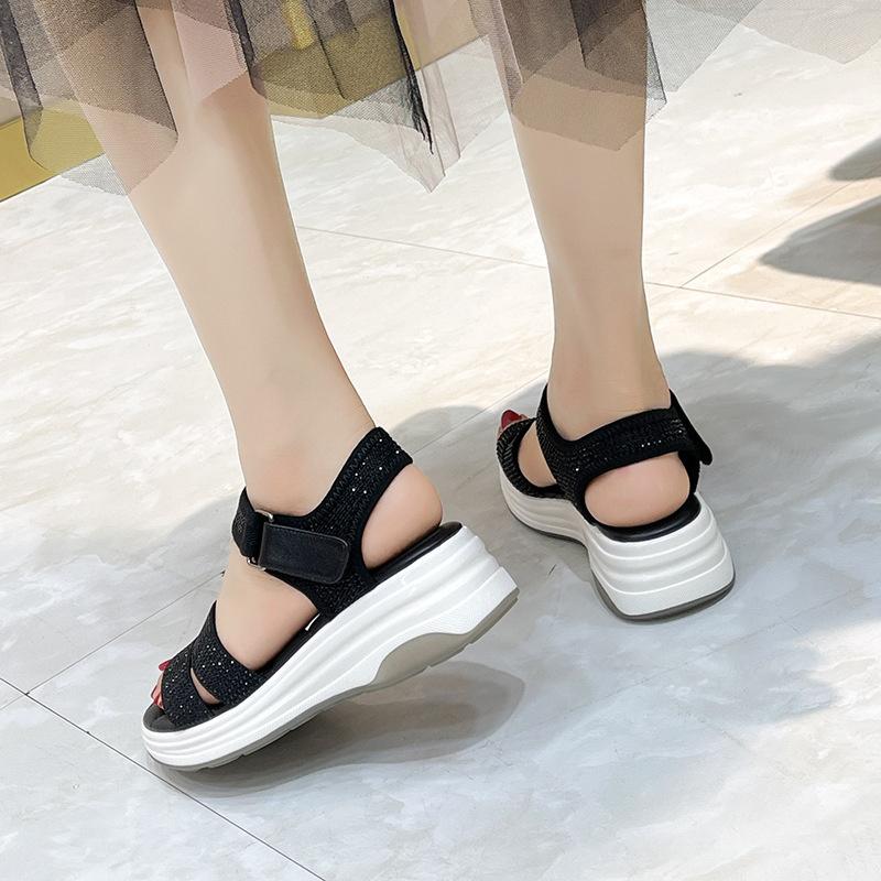 Fashion Summer Women Black Sandals Rhinestone Round Toe Hook Sewing Thread Light Luxury Fashion Water Diamond Sport Causal Shoes
