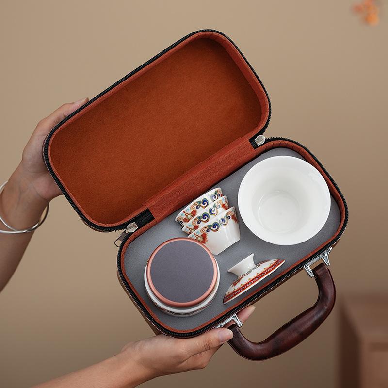 Suet jade porcelain travel tea set Outdoor tea making Kuaike cup Ceramic one pot two cups Business gifts High-end