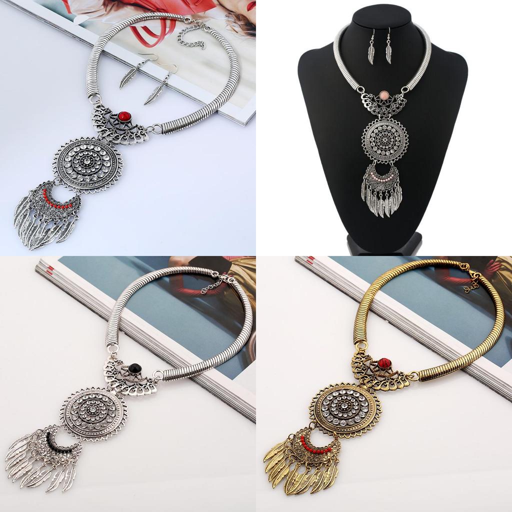 Vintage Geometric Alloy Necklace With Gemstone Leaf Tassel For Women
