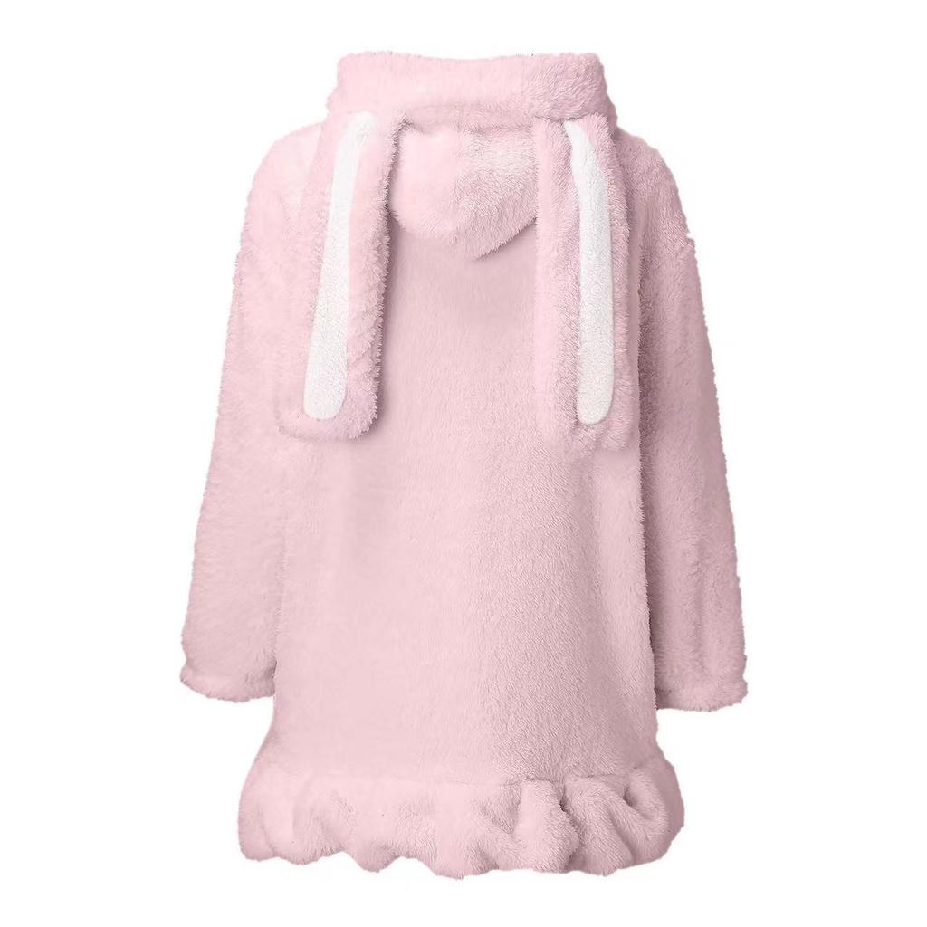 Women Rabbit Hoodie Sweatshirt Tops with Long Rabbit Ears Cute Sweet Girls Koreo Style Famale Warm Lambskin Jacket Tops
