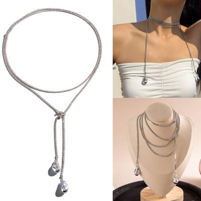 Long Layered Rhinestones Necklace For Women Elegant Stackable Chain Jewelry With Crystal Accessory For Daily Wear