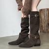 Pleated Pile Boots Women's Skinny Low Heel Autumn and Winter But Knee Fashion Boots Suede Belt Buckle Boots