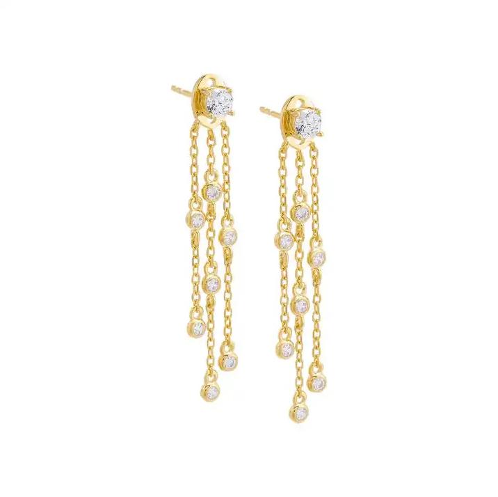 18K Gold Plated 925 Sterling Silver Fashion Women Jewelry Micro Pave 5A Tiny Round CZ Triple Tassel Chain Earring