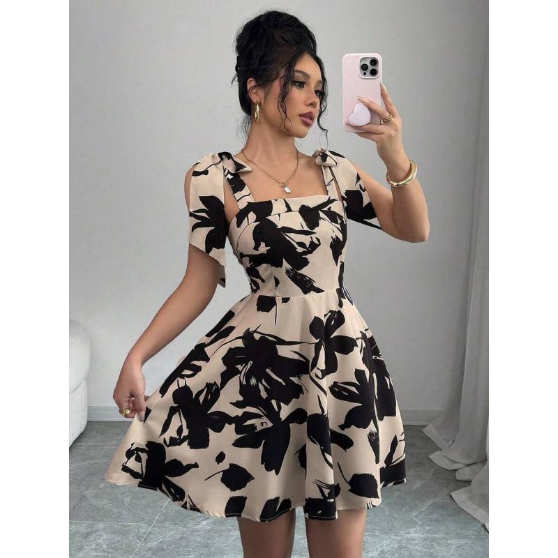 Europe, America 2026 summer new temperament fashionable and elegant flower printing short suspender dress XS