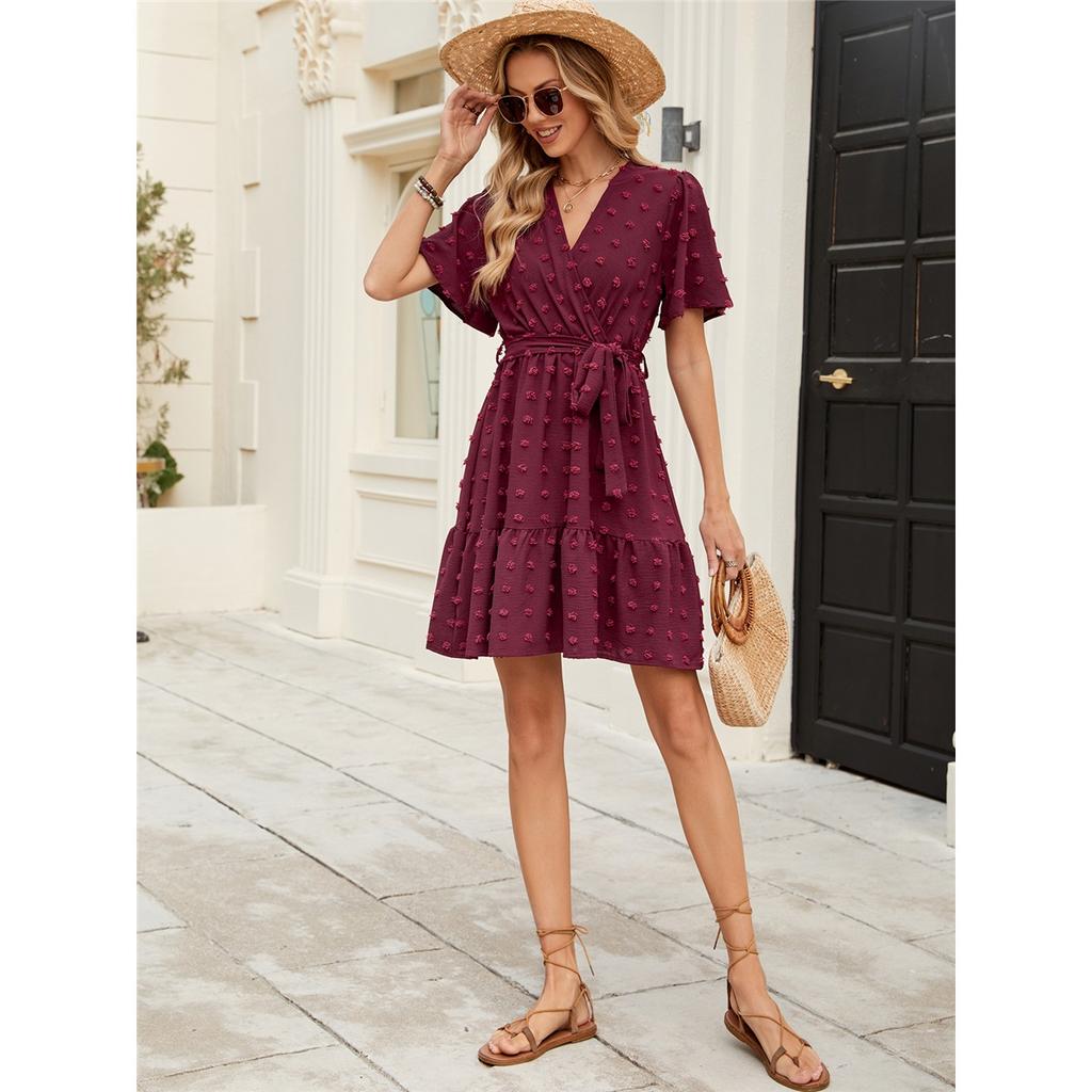 Summer New Solid Colour Short-sleeved Dress Women Ruffled Sleeves V-neck Waist Tie Short Skirt