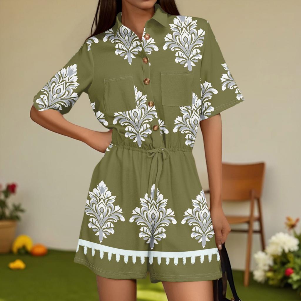 Women's Fashion V-neck Jumpsuit Plaid Casual Short Sleeve Top Jumpsuit