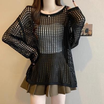 American Spice Girl Loose Long-sleeved Knitted Sweater Women's Early Spring Solid Color Lazy Casual Hollow Grid Blouse Top Tide