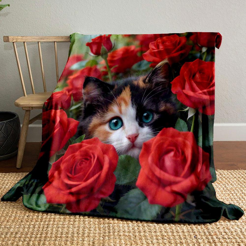 1 Stück Katzen von Blumen umgeben Aufdruck Decke Weich und Bequem Haus Reise Decke Erwachsene und Kind Warme Decke Sofa