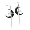 Personality Gothic Stainless Steel Sliver Color Long Sword Black Moon Dangle Earrings for Women Halloween Demon Style Jewelry