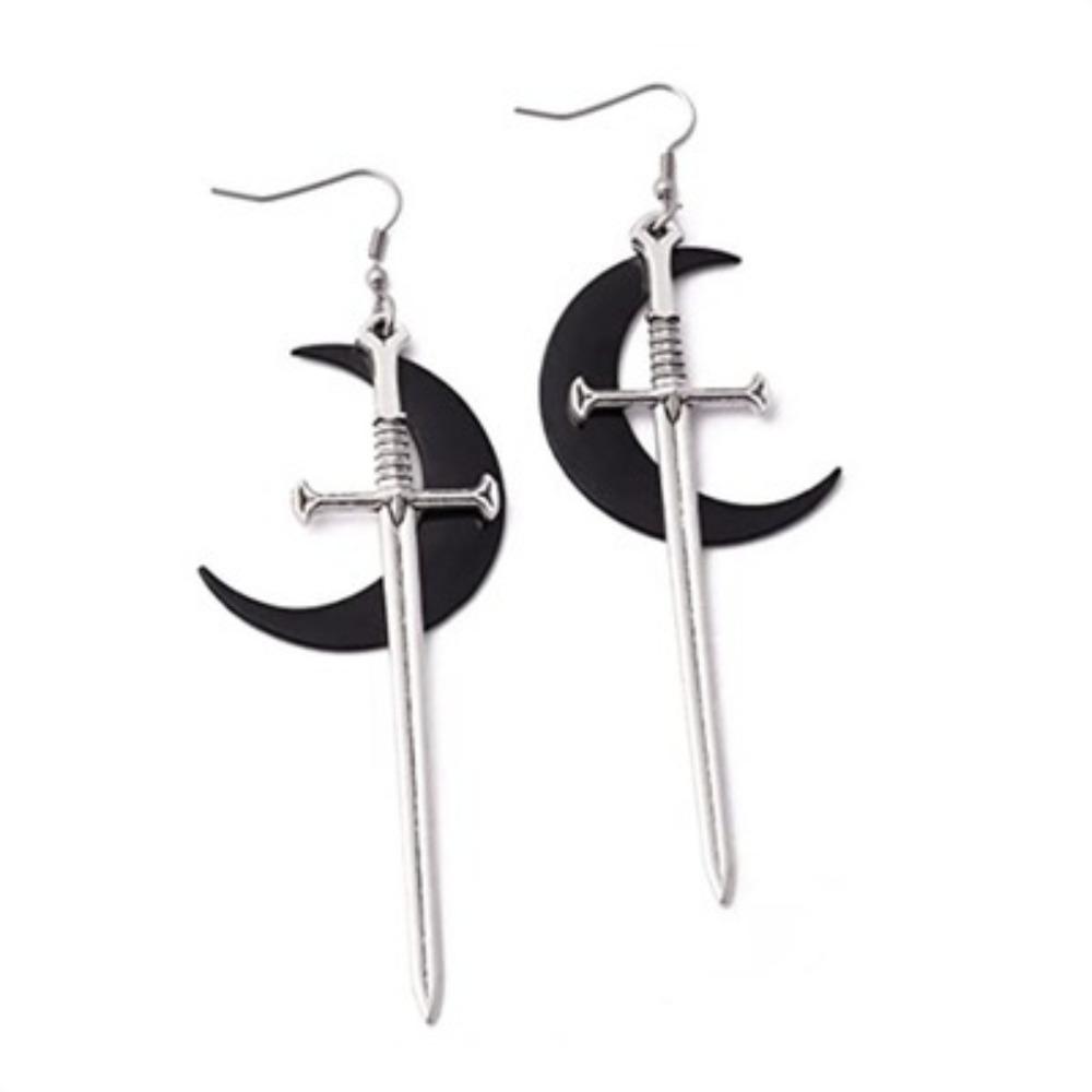 Personality Gothic Stainless Steel Sliver Color Long Sword Black Moon Dangle Earrings for Women Halloween Demon Style Jewelry