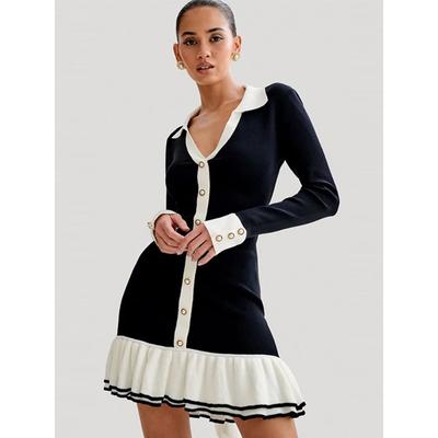 Knit Ruffles Dress Women Sexy Backless Lace-up Bow Patchwork V-neck Long Sleeve Lotus Leaf Edge Hem Design Elegant Commute Slim Dress Single Breasted