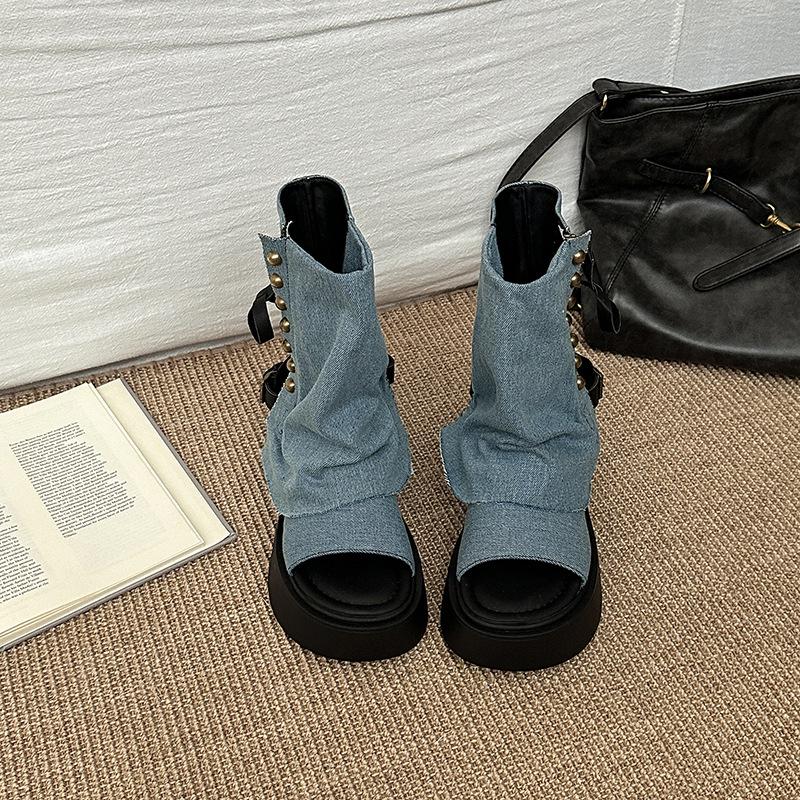 Design denim rivet open-toe cool boots new thick-soled trouser tube boots thin boots women's shoes