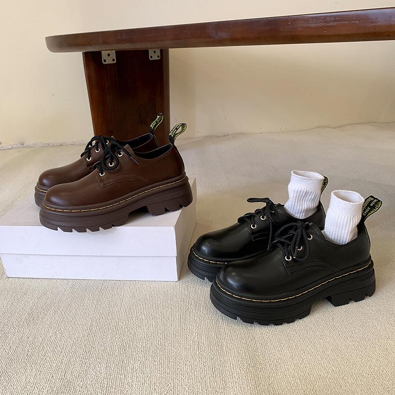 Warm and velvet winter new women's shoes lace-up fluffy shoes British style small leather shoes thick-soled heightening single shoes