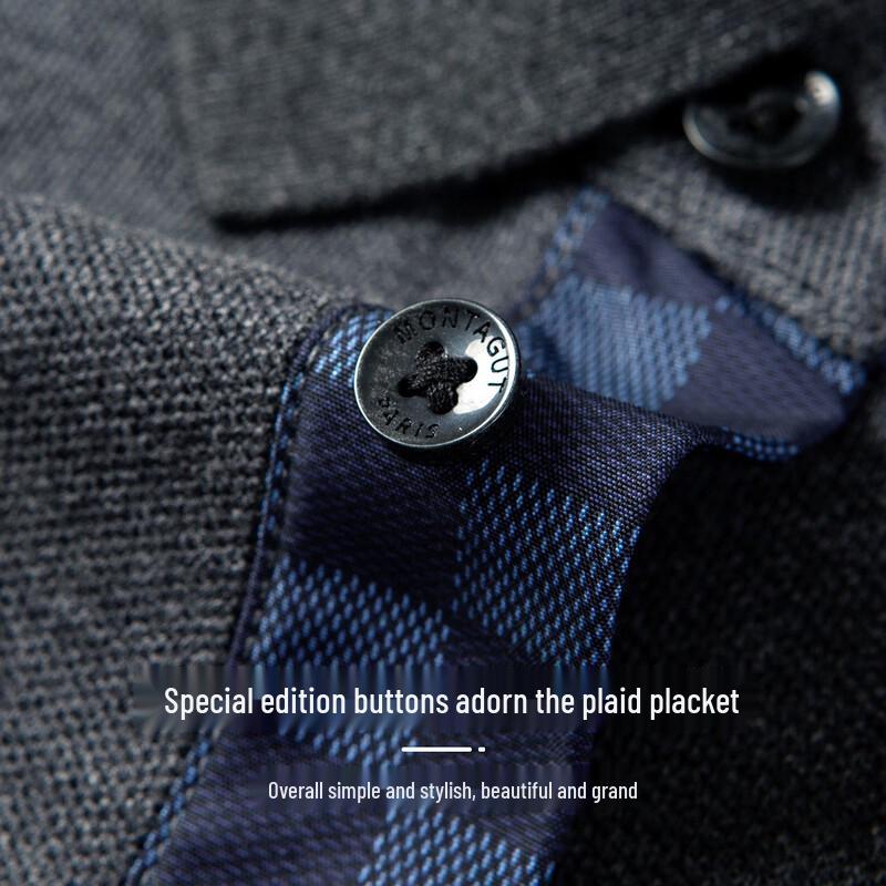 MONTAGUT Men's 100% Cotton Plaid Placket Long-Sleeve Polo Shirt