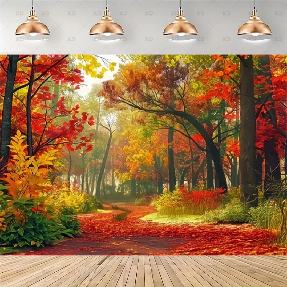 Rustic photographic backdrop: Maple forest, orange autumn leaves, pumpkin banner, for baby shower decorations4938