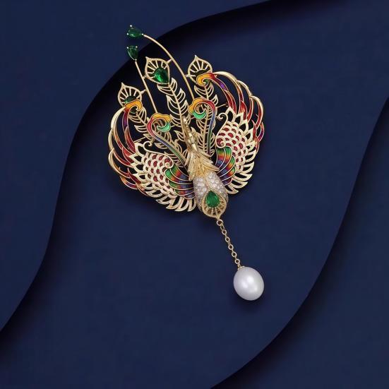 Women Brooch Sparkling Rhinestones Faux Pearl Phoenix Shape Lapel Pin Suits Coats Bags Scarves Badge Versatile Accessory