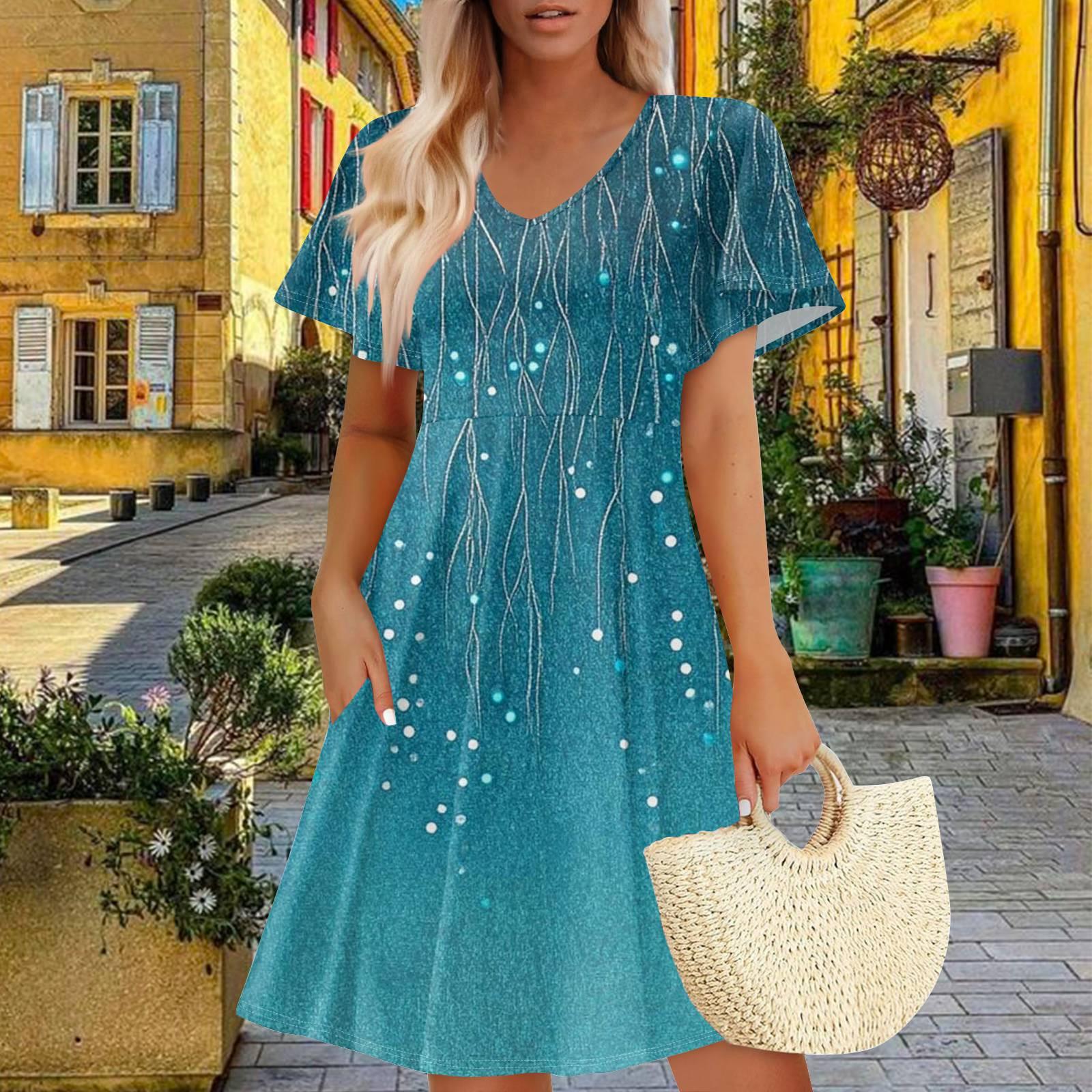 

Женское летнее платье повседневное свободное цветочное оборка с коротким рукавом сарафан пляжное платье А-силуэта с карманами M красный