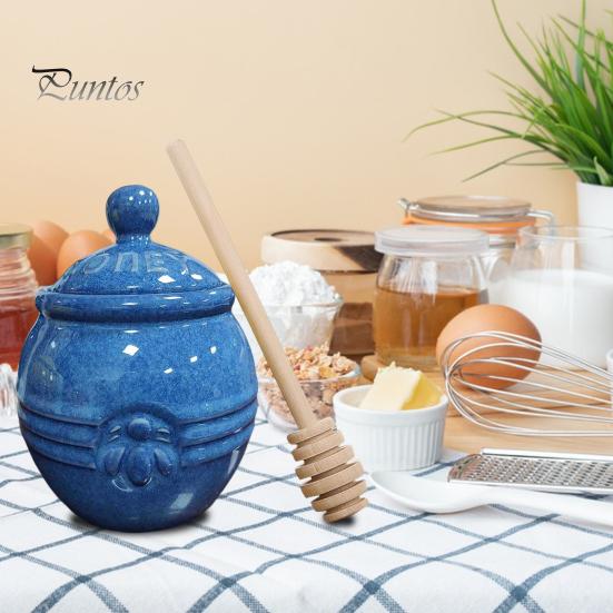 350ml Ceramic Honey Jar Farmhouse Honey Pot with Wood Honey Dipper Stick Retro Honey Dispenser Kitchen Decor for Mother's Day Wife Gift