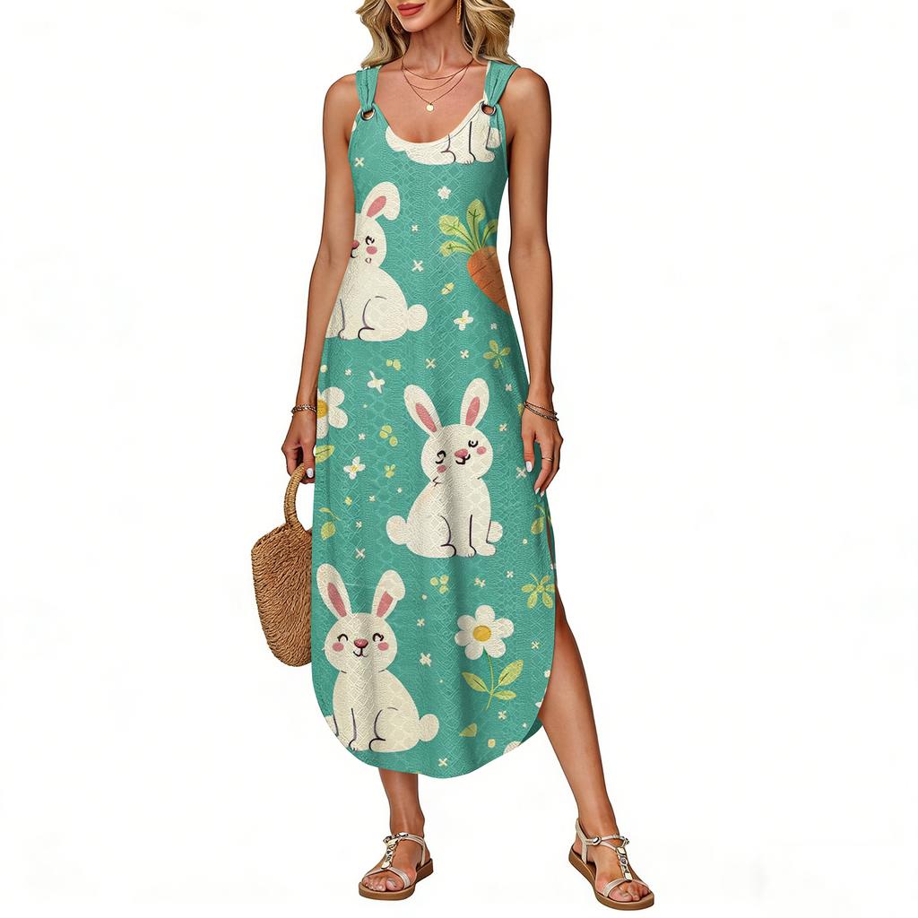 Robe d'été longue pour femme, sans manches avec fente latérale, longue robe débardeur imprimée pour Pâques