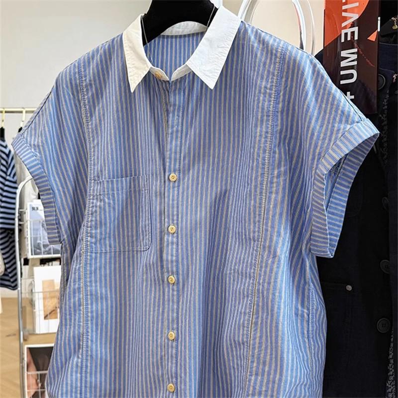 Women's Summer Fashion French Retro Stripe Lapel Shirt