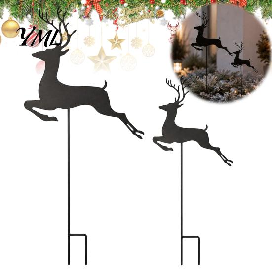 Decorative Flower Pot Sign 2Pcs/Set Christmas Elk Garden Stake, Black Reindeer Silhouette Yard Art, Iron Animal Lawn Holiday Deer Bed for Outdoor