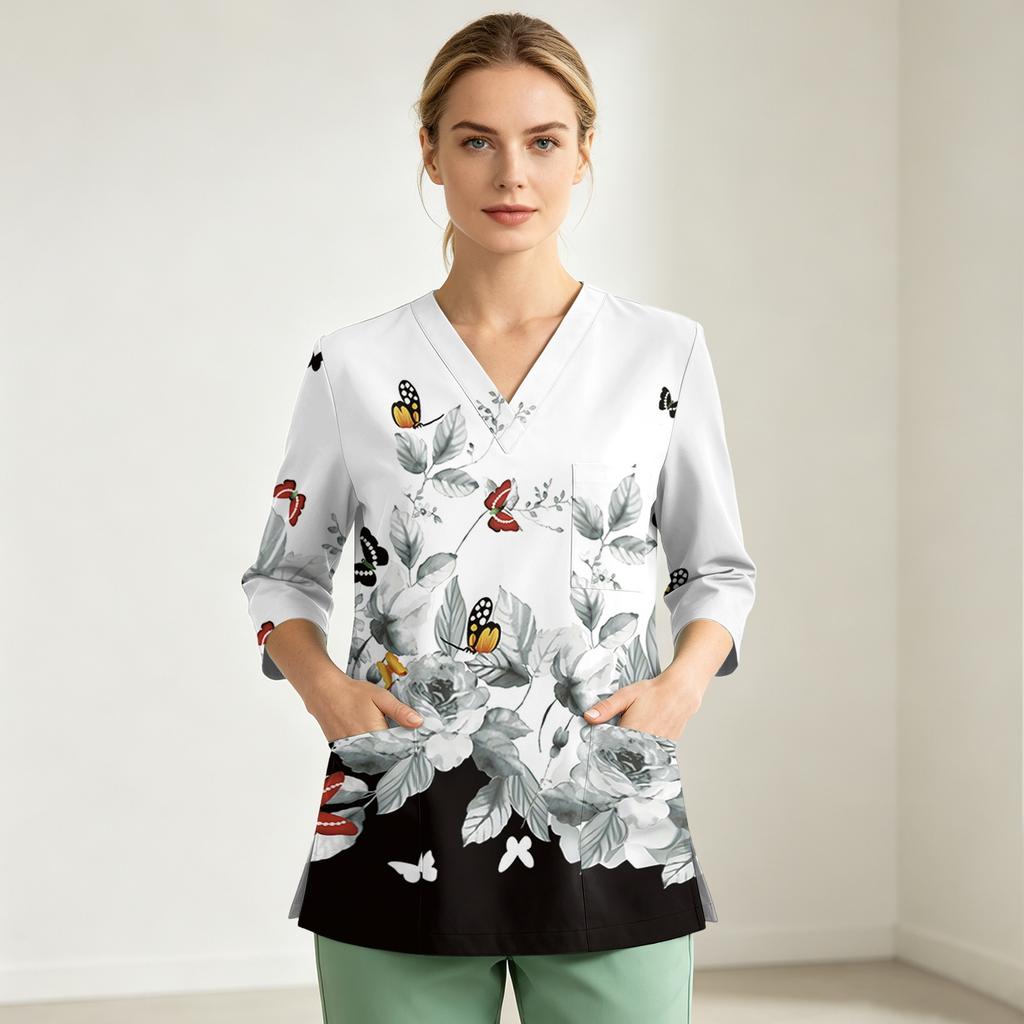 Women's Uniform Top, V-Neck with Single Pocket and Side Slit, 3/4 Sleeve