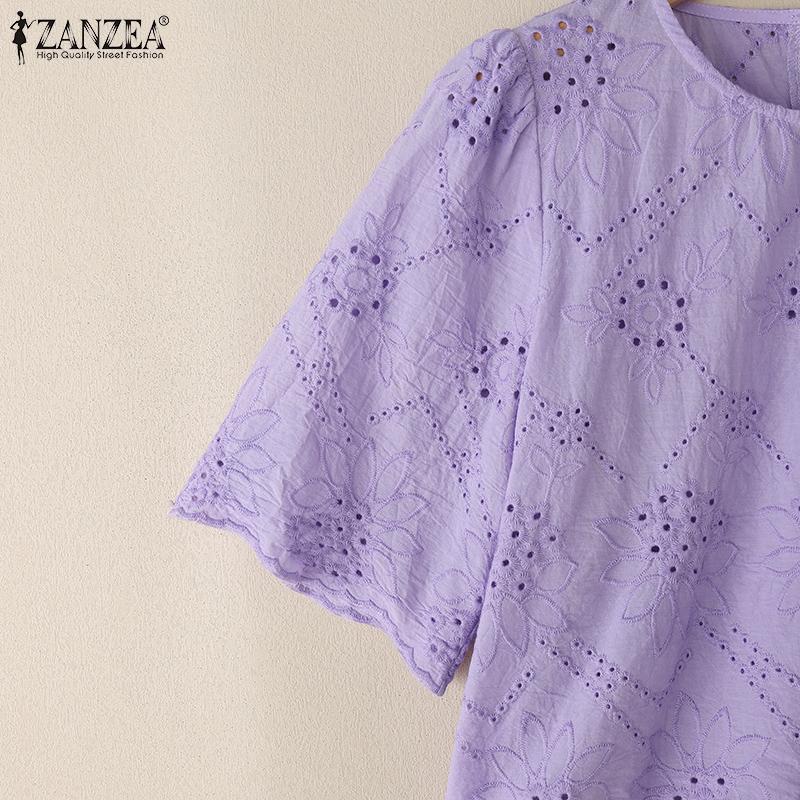 ZANZEA Dámská ležérní kulatý výstřih s krátkým rukávem a krajkovou výšivkou, letní halenka