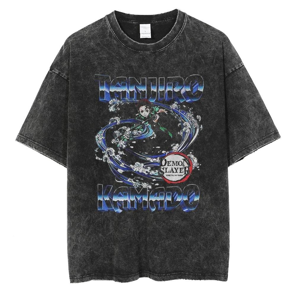 Washed Black Japanese Anime Short Sleeve Crew Neck T-Shirt Men S Clothing Top And T-Shirt Men S T-Shirt C L