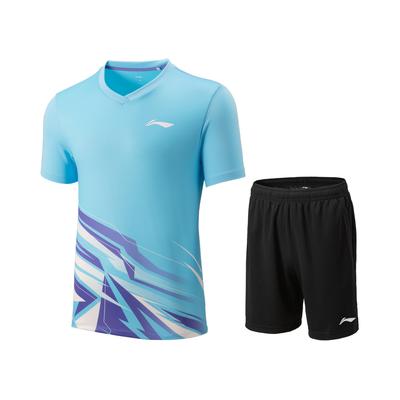 Li Ning Badminton Series Color Block V-Neck Comfortable Breathable Versatile Short Sleeve T-Shirt Mid Waist Shorts Casual Sports Set AATV013-5