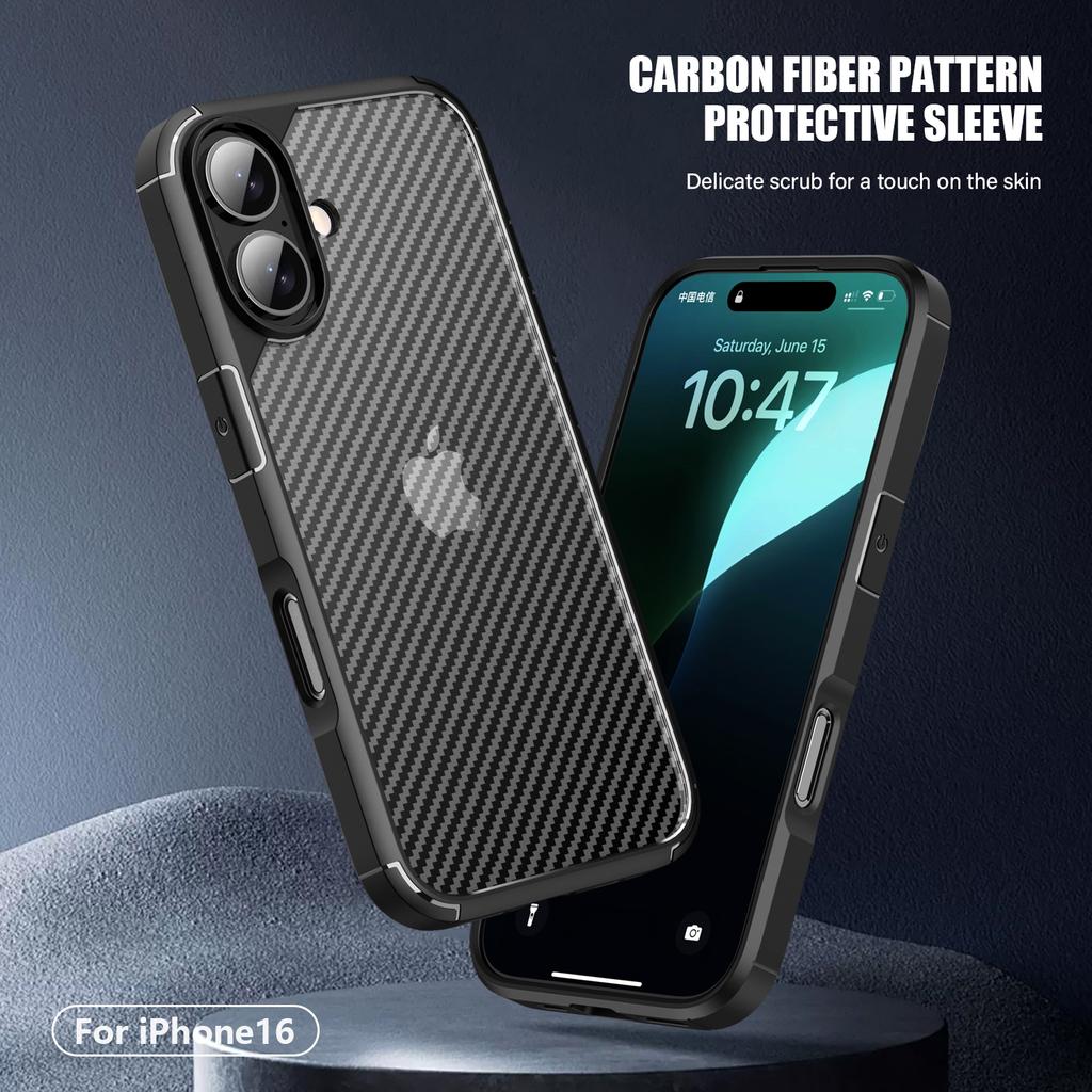 For iPhone 16 Case Carbon Fiber Texture Anti-Scratch TPU+PC Back Cover