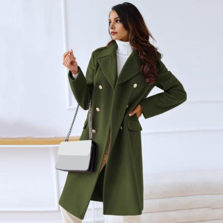 Winter Coat Women Double Breasted Overcoat Thermal Long Sleeves Loose Fit Turn Down Collar Pockets Pure Color Commuting Dating