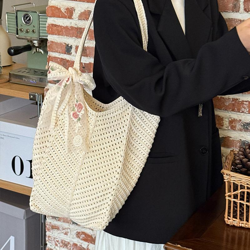 Yogodlns Solid Color Crochet Tote Handbag Summer Beach Scarf Decor Fashion Women's Mesh Woven Shoulder Bags Large Capacity Knitting Underarm Bag