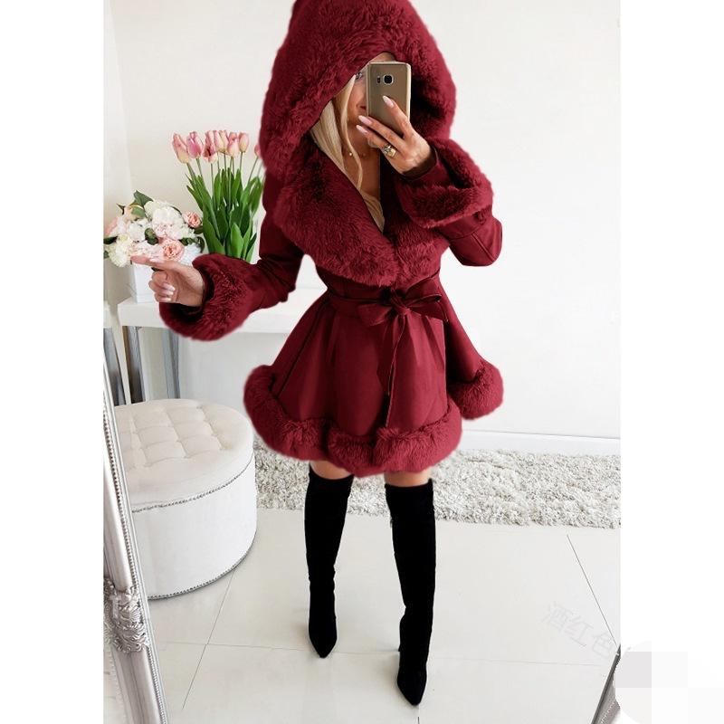 Fur Jackets Women Elegant Fur Belt Coat Streetwear Lapel Warm Hooded Jacket