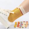 5 Pairs Women Candy Color Splicing Design Socks, Mid-tube Ribbed, Breathable, Sweat-absorbent, High Elastic