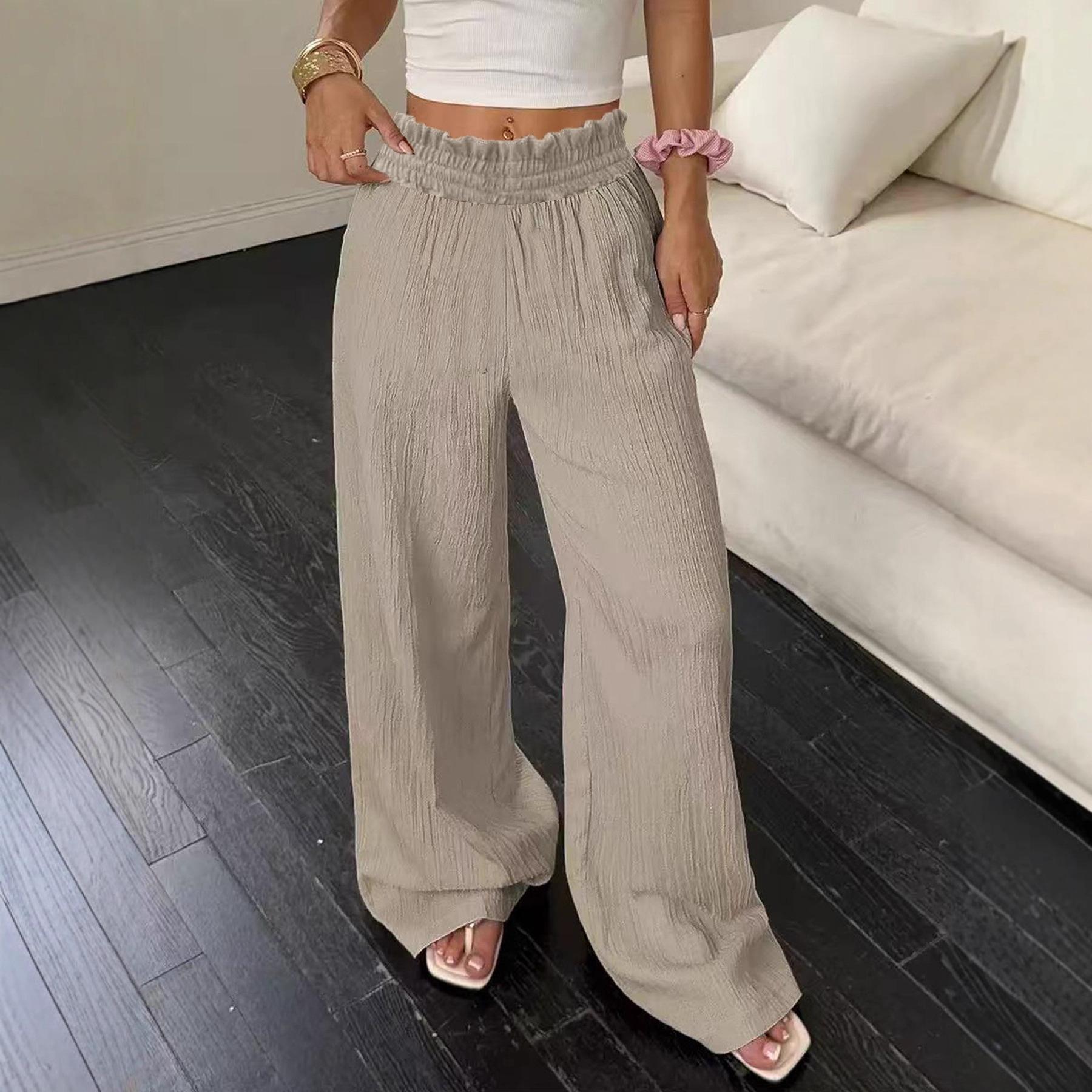 

Solid Color High Waist Ruffle Elastic Waist Wide Leg Casual Long Pants S