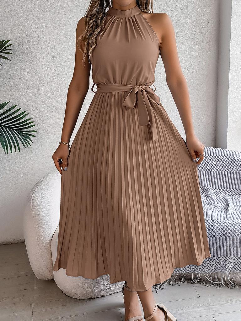 Women Elegant Stand Collar Sleeveless High Waist Pleated Solid Color Long Dress