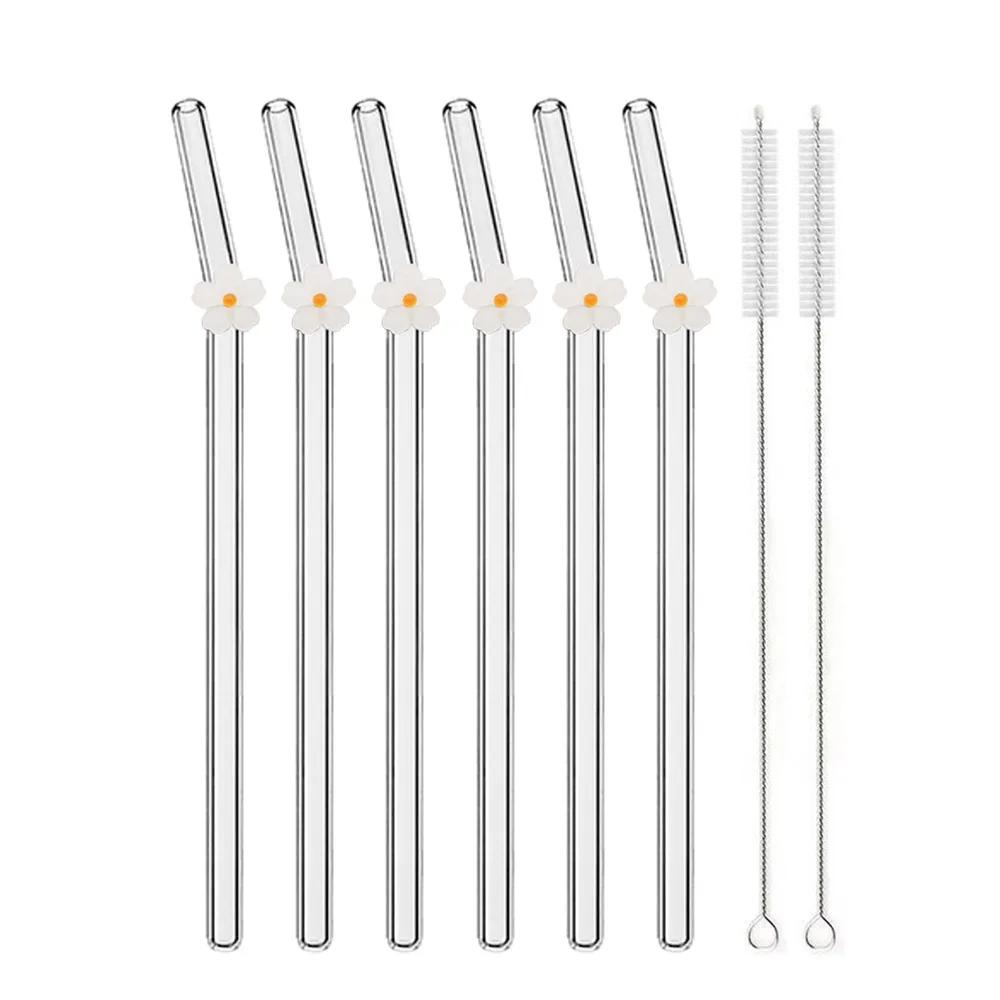 6PCS Reusable Drinking Straws Cute Flower Glass Straws with Cleaning Brush for Coffee Lover Smoothies Frozen Drinks Tea Juice