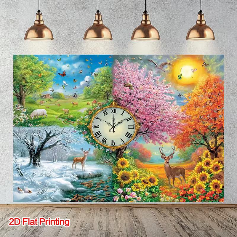 

2D Four Seasons Clock Backdrop, Spring Summer Autumn Winter Nature Scenes 47.2x31.5inch/120*80cm
