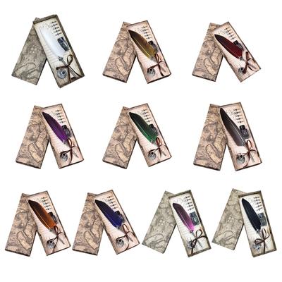 Fountain Pen Set Writing Quill Ink Dip Pen, Antique Quill Feather Pen Set Handmade Quill Pen for Gift Box