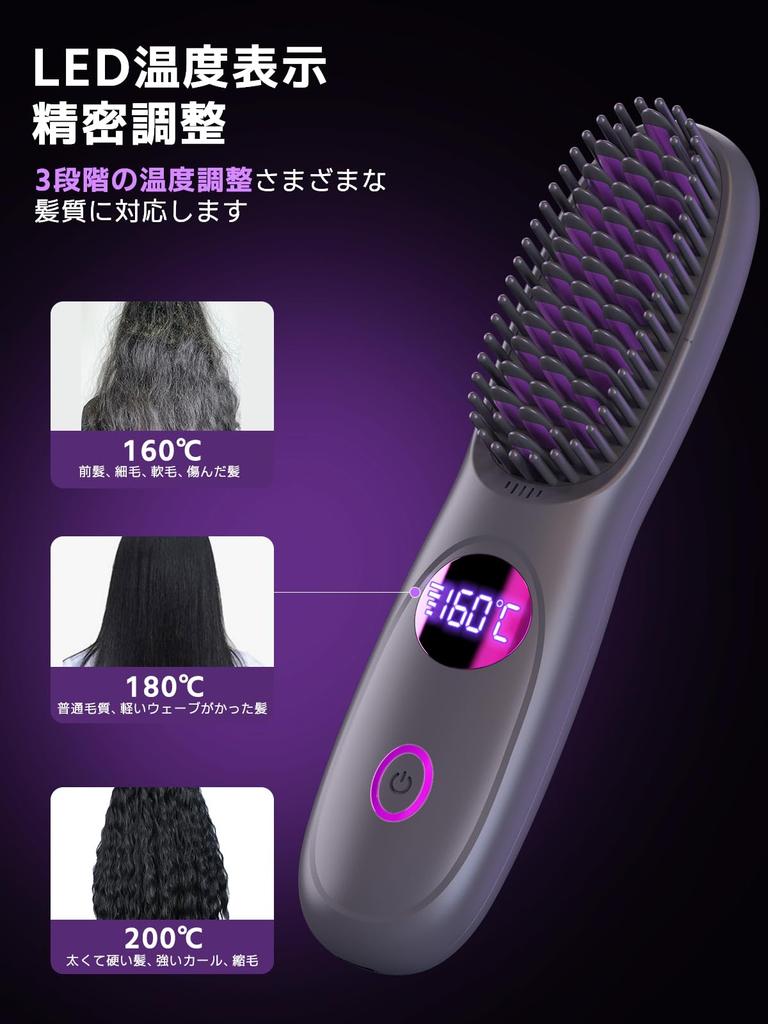 BlueCrest Cordless Heated Hair Iron, Mini Straightening Brush, Negative Ion, Type-C Rechargeable, 160-200℃ 3-Stage Temperature Adjustment, Ceramic Coa