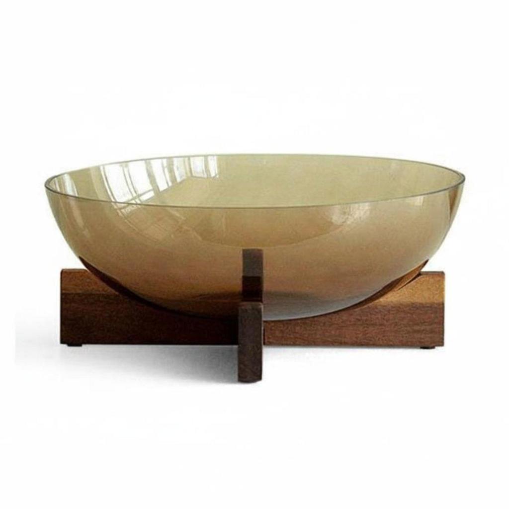 Glass Fruit Bowl with Wood Stand Elegant Design Tea-Tinted